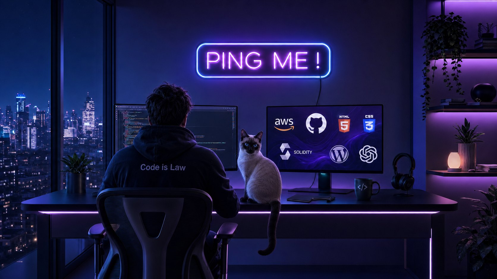 Night studio desk with rear-view developer in hoodie, Siamese cat between two screens, neon sign and premium multi-screen setup